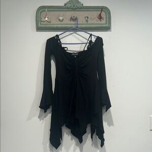 Current Mood Black Asymmetrical handkerchief hem Ruched Mini Dress large new